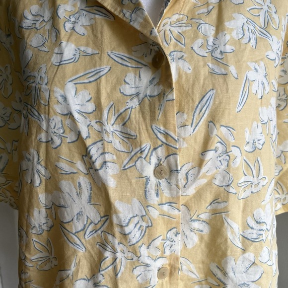 Yellow Floral Uniqlo Button-Up Top Linen Blend Feminine Beachy Tropical - Picture 4 of 13